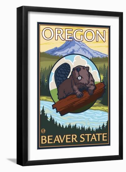 Beaver and Mount Hood Scene-Lantern Press-Framed Art Print