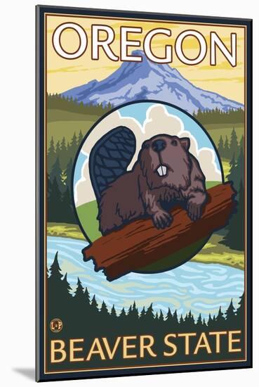 Beaver and Mount Hood Scene-Lantern Press-Mounted Art Print