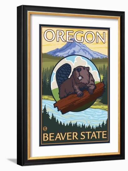 Beaver and Mount Hood Scene-Lantern Press-Framed Art Print