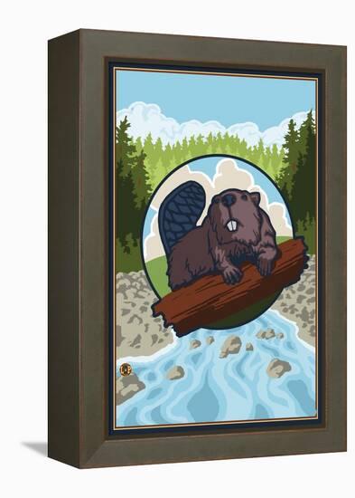 Beaver and River-Lantern Press-Framed Stretched Canvas