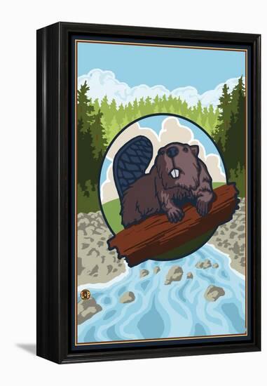 Beaver and River-Lantern Press-Framed Stretched Canvas