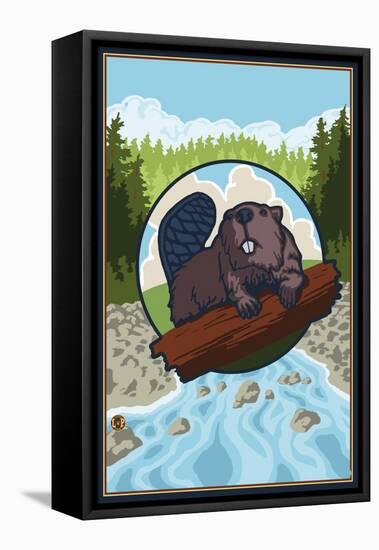 Beaver and River-Lantern Press-Framed Stretched Canvas