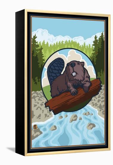 Beaver and River-Lantern Press-Framed Stretched Canvas