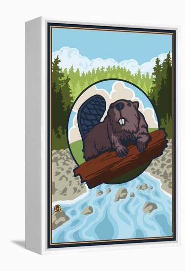 Beaver and River-Lantern Press-Framed Stretched Canvas
