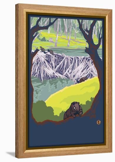 Beaver Family-Lantern Press-Framed Stretched Canvas