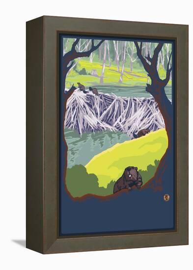 Beaver Family-Lantern Press-Framed Stretched Canvas