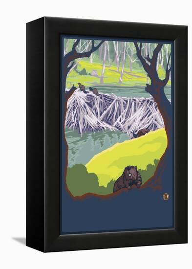 Beaver Family-Lantern Press-Framed Stretched Canvas