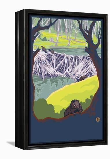 Beaver Family-Lantern Press-Framed Stretched Canvas