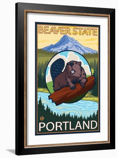 Beaver & Mt. Hood, Portland, Oregon-Lantern Press-Framed Art Print