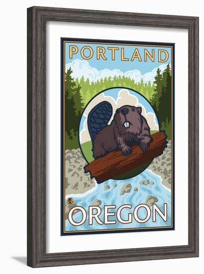 Beaver & River, Portland, Oregon-Lantern Press-Framed Art Print