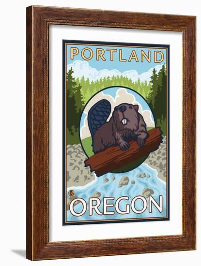 Beaver & River, Portland, Oregon-Lantern Press-Framed Art Print