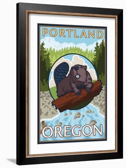 Beaver & River, Portland, Oregon-Lantern Press-Framed Art Print