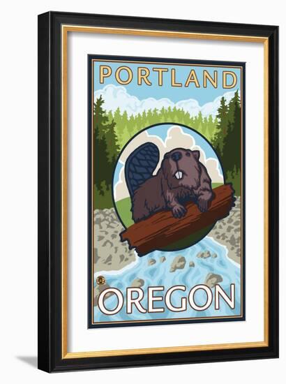 Beaver & River, Portland, Oregon-Lantern Press-Framed Art Print