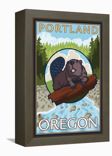 Beaver & River, Portland, Oregon-Lantern Press-Framed Stretched Canvas