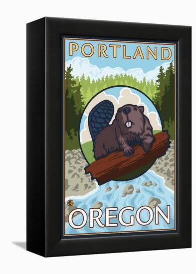 Beaver & River, Portland, Oregon-Lantern Press-Framed Stretched Canvas