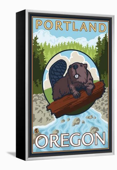 Beaver & River, Portland, Oregon-Lantern Press-Framed Stretched Canvas