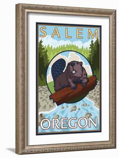 Beaver & River, Salem, Oregon-Lantern Press-Framed Art Print