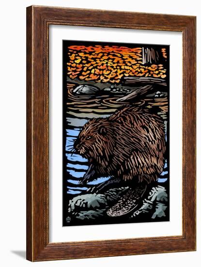 Beaver - Scratchboard-Lantern Press-Framed Art Print