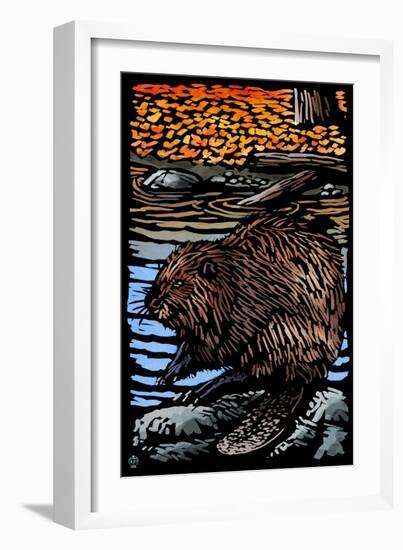 Beaver - Scratchboard-Lantern Press-Framed Art Print