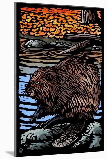 Beaver - Scratchboard-Lantern Press-Mounted Art Print