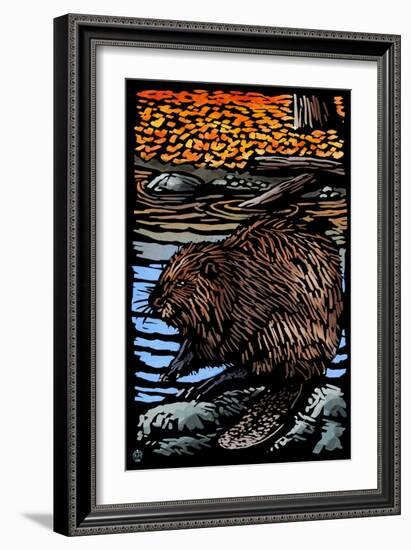 Beaver - Scratchboard-Lantern Press-Framed Art Print