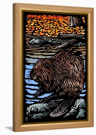 Beaver - Scratchboard-Lantern Press-Framed Stretched Canvas