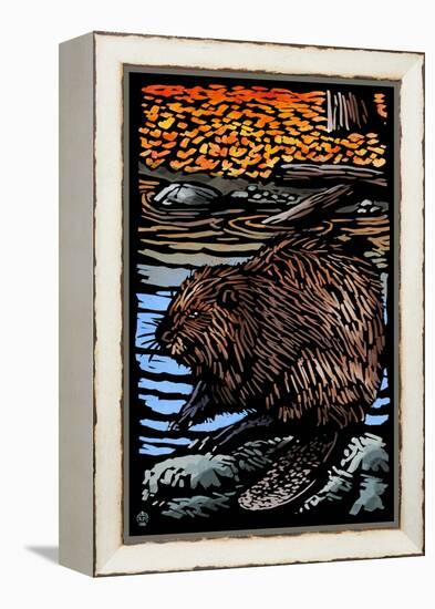 Beaver - Scratchboard-Lantern Press-Framed Stretched Canvas