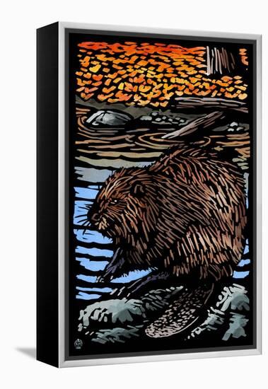 Beaver - Scratchboard-Lantern Press-Framed Stretched Canvas