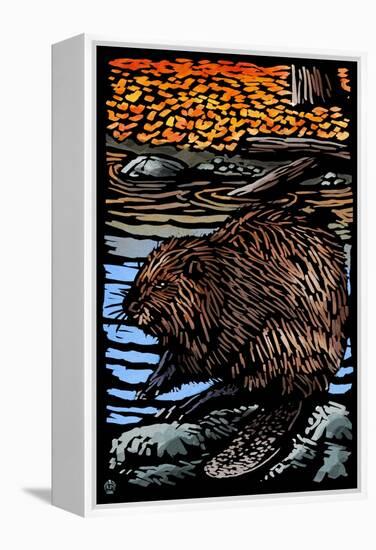 Beaver - Scratchboard-Lantern Press-Framed Stretched Canvas