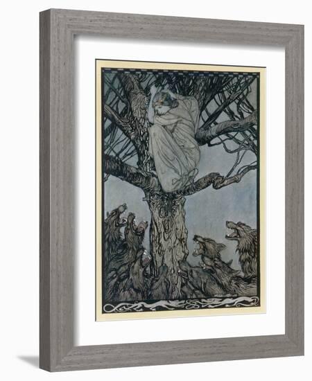 Becfola Climbs a Tree to Escape a Pack of Wolves-Arthur Rackham-Framed Art Print