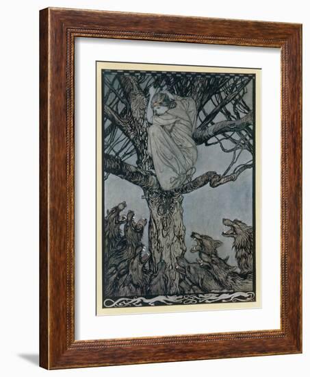 Becfola Climbs a Tree to Escape a Pack of Wolves-Arthur Rackham-Framed Art Print