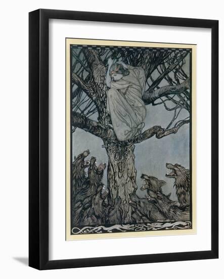 Becfola Climbs a Tree to Escape a Pack of Wolves-Arthur Rackham-Framed Art Print