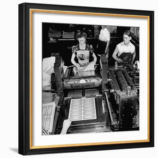 Bed Press Machine That Makes Paper Money.Chase Bank Collection of Moneys of the World-Myron Davis-Framed Photographic Print