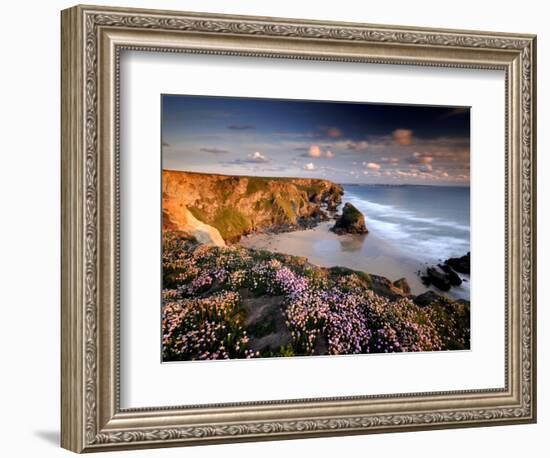 Bedruthan Steps on Cornish Coast, with Flowering Thrift, Cornwall, UK-Ross Hoddinott-Framed Photographic Print