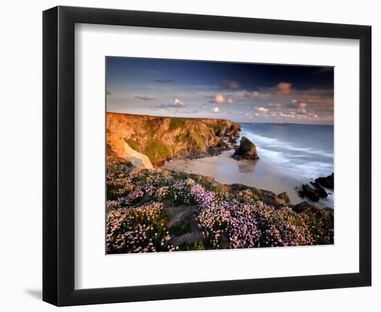 Bedruthan Steps on Cornish Coast, with Flowering Thrift, Cornwall, UK-Ross Hoddinott-Framed Photographic Print