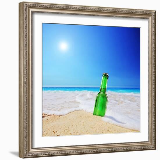 Beer Bottle on a Sandy Beach with Clear Sky and Wave, Shot with a Tilt and Shift Lens-buso23-Framed Photographic Print