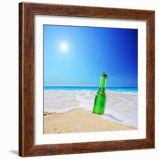 Beer Bottle on a Sandy Beach with Clear Sky and Wave, Shot with a Tilt and Shift Lens-buso23-Framed Photographic Print