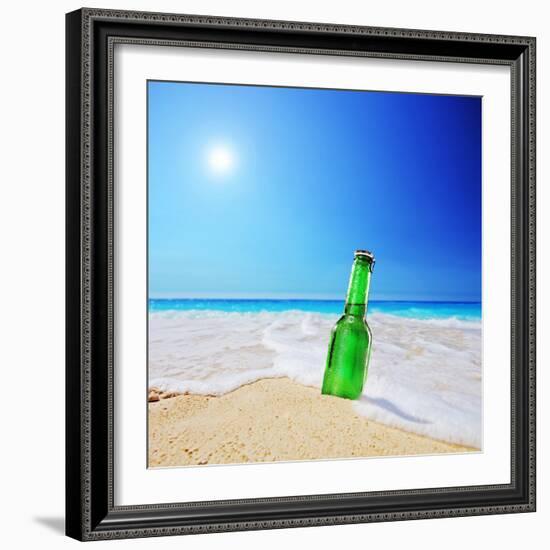 Beer Bottle on a Sandy Beach with Clear Sky and Wave, Shot with a Tilt and Shift Lens-buso23-Framed Photographic Print