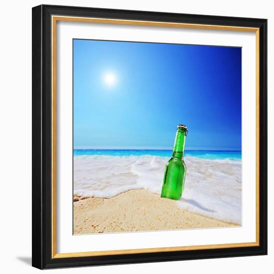 Beer Bottle on a Sandy Beach with Clear Sky and Wave, Shot with a Tilt and Shift Lens-buso23-Framed Photographic Print