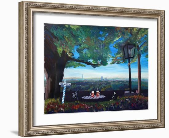 Beergarden with View of Munich Skylines with Alps-Markus Bleichner-Framed Art Print