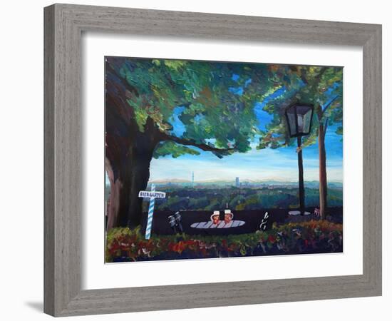 Beergarden with View of Munich Skylines with Alps-Markus Bleichner-Framed Art Print