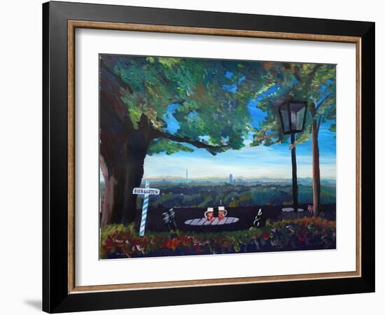 Beergarden with View of Munich Skylines with Alps-Markus Bleichner-Framed Art Print