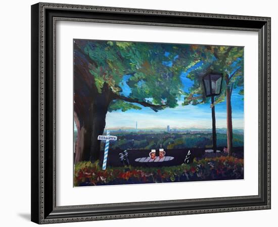 Beergarden with View of Munich Skylines with Alps-Markus Bleichner-Framed Art Print