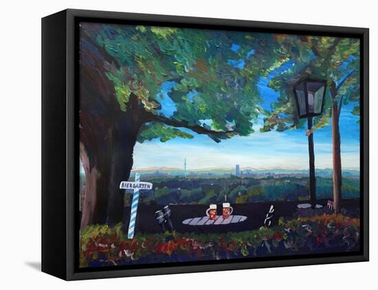 Beergarden with View of Munich Skylines with Alps-Markus Bleichner-Framed Stretched Canvas