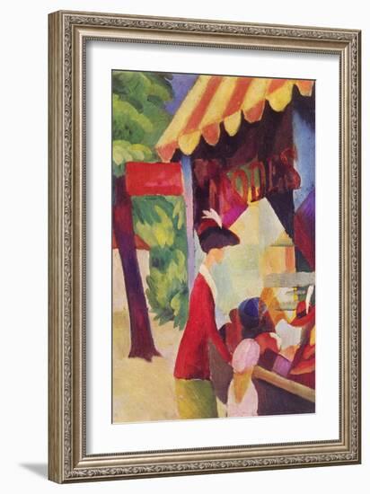 Before Hutladen (Woman with a Red Jacket and Child)-Auguste Macke-Framed Art Print