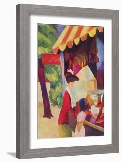 Before Hutladen (Woman with a Red Jacket and Child)-Auguste Macke-Framed Art Print