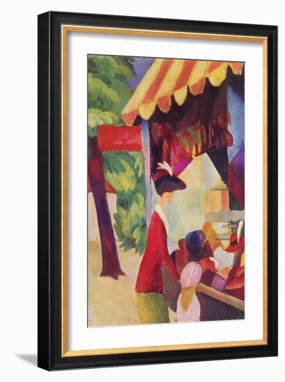 Before Hutladen (Woman with a Red Jacket and Child)-Auguste Macke-Framed Art Print