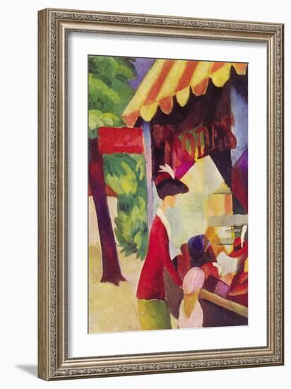 Before Hutladen (Woman with a Red Jacket and Child)-Auguste Macke-Framed Art Print