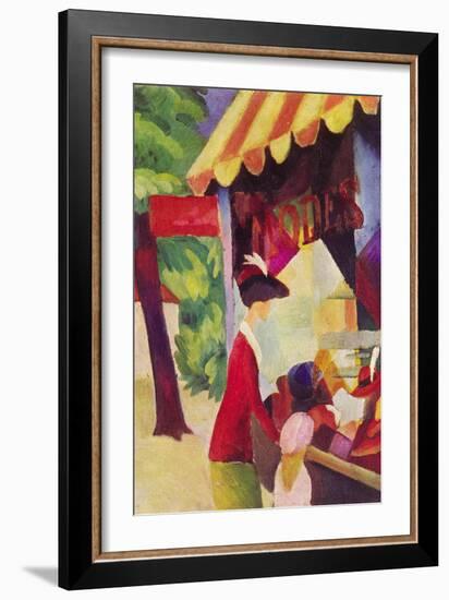 Before Hutladen (Woman with a Red Jacket and Child)-Auguste Macke-Framed Art Print