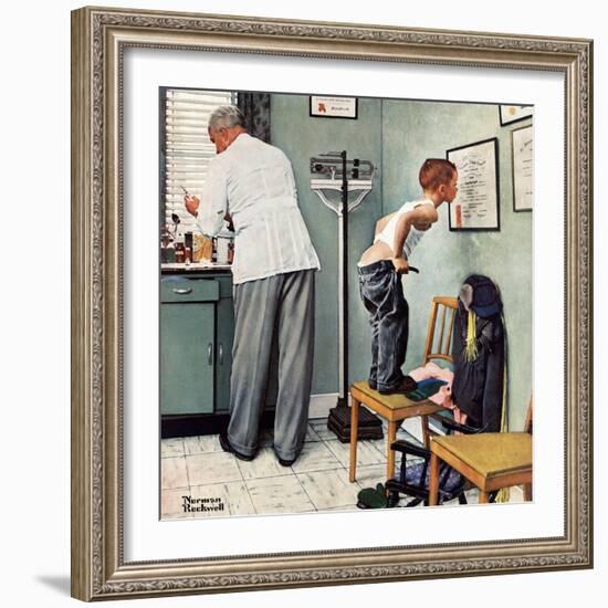 "Before the Shot" or "At the Doctor's" Saturday Evening Post Cover, March 15,1958-Norman Rockwell-Framed Giclee Print